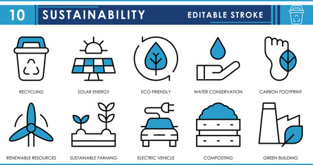 A set of line icons related to Sustainability. Recycle, solar, eco-friendly, water conservation, carbon footprint, renewable, and so on. Vector editable stroke.