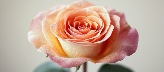 Sticker - A single peach and pink rose with delicate petals and a soft focus background.