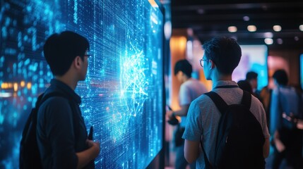 Two people observe digital data display.