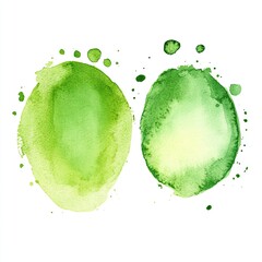 Two abstract green watercolor shapes with splashes, on a white isolated background.