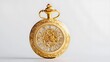 © TawaUStock - One antique gold pocket watch with intricate filigree, soft focused lighting emphasizing its craftsmanship, luxurious and historical design, bright white background, timeless and elegant mood