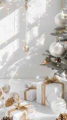 A Christmas tree with white and gold decorations and gifts