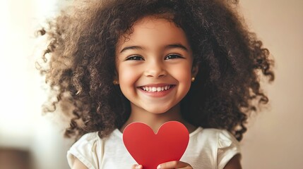 Happy Girl with Curly Hair Holding a Heart Card, happiness, emotion, joy, love