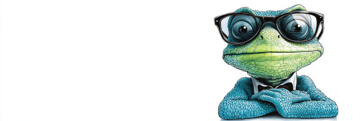 Wall Mural - A green frog wearing glasses and a bow tie looks directly at the camera.