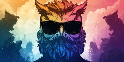 Wall Mural - A colorful owl with sunglasses against a hazy background.