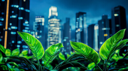 Poster - A leafy green plant is growing in front of a city skyline