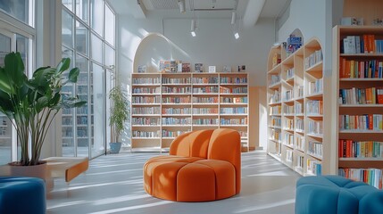 120. a wide empty space in a bright bookstore with plush seating