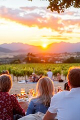 Festive Gathering at South African Vineyard at Sunset