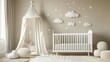 © sobartea - A white crib with a white canopy in a baby's nursery with beige walls and a plush rug.