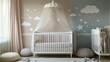 © sobartea - A white crib with a canopy and cloud and star wall decals in a nursery.
