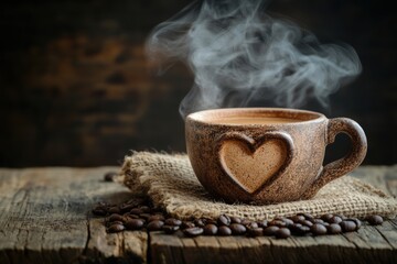 Wall Mural - rustic coffee art, heart-shaped coffee smoke, beans, and cup on rustic burlap and wooden backdrop