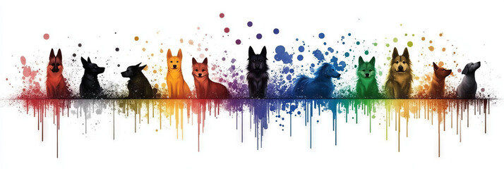 Sticker - A row of colorful dogs in a rainbow-themed illustration.