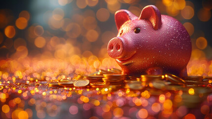 Pink Piggy Bank On Golden Coins And Sparkling Glitter Background with copy space Representing Prosperity.