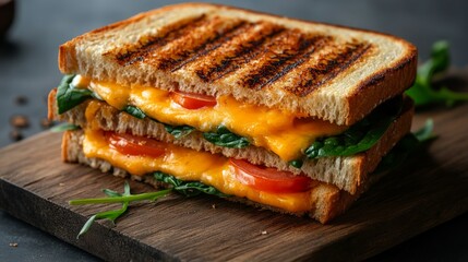 Canvas Print - A grilled cheese sandwich with tomato and spinach on a wooden cutting board. (2)