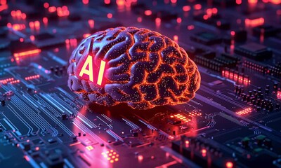 3d illustration of the human brain on top of an artificial intelligence chip with neon text ai
