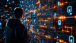 © Worakit - hacker stands in front of glowing wall of encrypted data, immersed in digital world filled with vibrant lines and patterns. atmosphere is intense and futuristic, reflecting complexity of technology