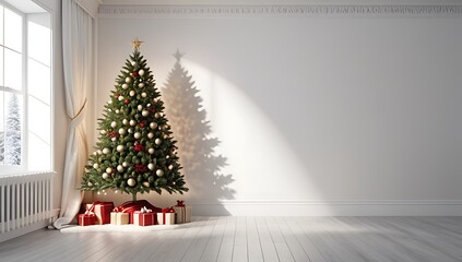 small christmas tree sits clean white wall quiet room filled calm decorations