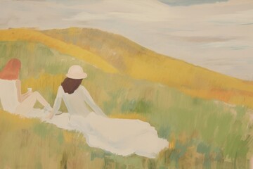 Wall Mural - Women picnic on a grass hills painting art adult.