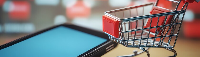 Digital shopping concept showcasing a smartphone and a miniature shopping cart, representing the modern online retail experience.