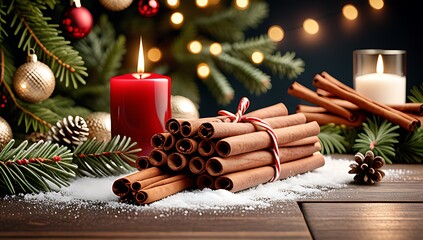 merry winter scene featuring cinnamon sticks wooden table amidst spruce branches festive decorations