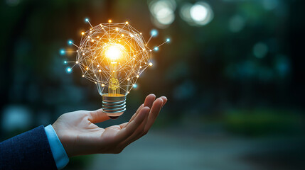 Businessman holding creative light bulb with growth graph, analytics icons. Utilizing analytics technology to develop new strategies and insights that enhance successful performance in global business