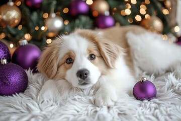 Wall Mural - adorable puppy relaxing under christmas tree with purple ornaments