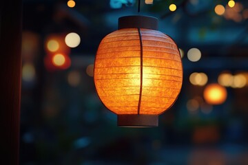 Wall Mural - Round paper lantern hanging and glowing at night