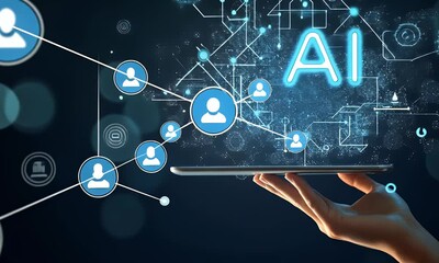 Wall Mural - digital hand holding a tablet with glowing text ai on a dark background, a digital technology concep