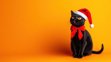 Black cat and festive Santa hat with red bow tie