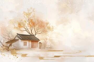 Wall Mural - Chinese house with tree architecture building outdoors.