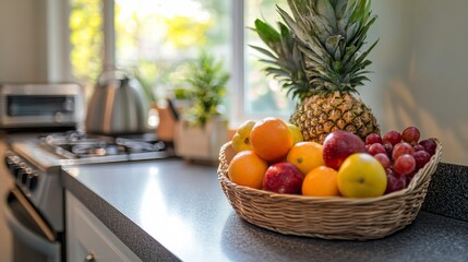 Poster - Fresh Fruit Basket in Sunlit Kitchen