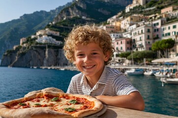 Positive curly boy eats pizza on the Italian coast. The child enjoys the trip