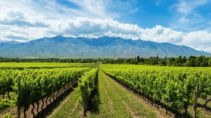 Wall Mural - Lush vineyards in Mendoza, Argentina, with ample space for copy in the sky