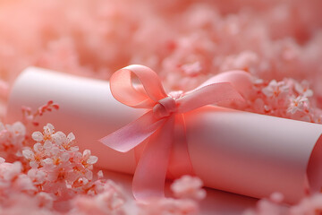 Poster - A delicate scroll tied with a pink ribbon rests on soft pink flowers, evoking themes of celebration and elegance.