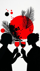 Two women in silhouette clinking wine glasses.