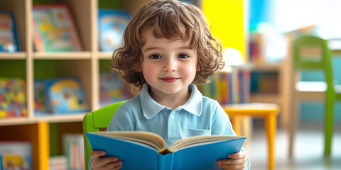 Cute young child reading a picture book in kindergarten. Kid learning to read in primary school. Small student in elementary school classroom.