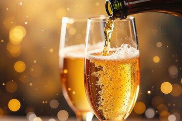 Someone pouring sparkling wine into a glass with golden bokeh background