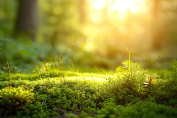 Canvas Print - Forest with moss and grass sunlight vegetation outdoors.