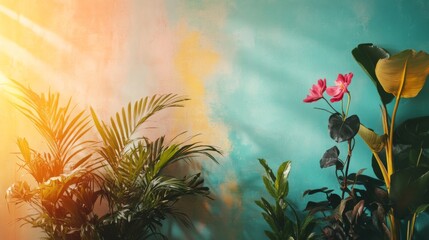 Wall Mural - Tropical Plants Against Turquoise Wall