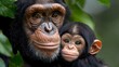 © maesarin - A nurturing chimpanzee gently cradling its adorable baby amidst the lush verdant foliage of a tropical jungle  The scene showcases the tender bond between a mother primate and its offspring