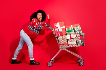 Poster - Full length photo of young lady winning push shopping gift cart dressed christmas garment celebrate winter holidays on red color background