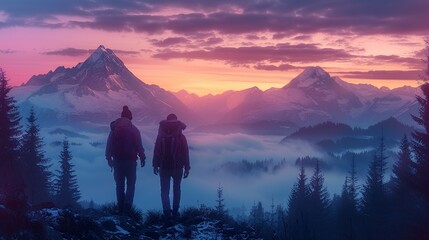 A photo of two friends hiking together at dusk, with majestic scenery and fog. The image highlights teamwork, motivation, and mutual achievement, showcasing their journey and dedication. High