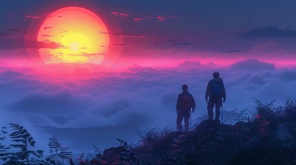 Two people in awe of the majestic sunset while hiking, symbolizing teamwork, friendship, and mutual achievement. The foggy backdrop highlights their journey, passion, and dedication. High resolution