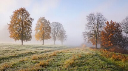 A misty morning in a field with tall trees and frost on the ground.