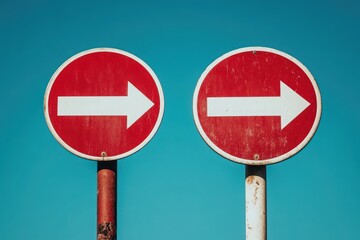 Two red and white border crossing signs point right on a bright blue day, providing clear directional guidance for travelers at a defined location, emphasizing navigation and safety.