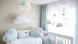 © sobartea - A nursery decorated with a cloud and star theme with a crib, a changing table, and a rocking chair.