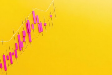 A vibrant stock chart shows an upward trend with vivid pink bars and grey lines on a bright yellow background, illustrating market growth and investment opportunities.