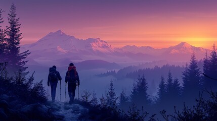 A photo of two friends hiking together at dusk, with majestic scenery and fog. The image highlights teamwork, motivation, and mutual achievement, showcasing their journey and dedication. High