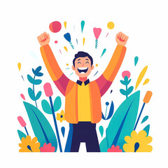 joyful man celebrating with raised arms amidst colorful flowers and confetti, expressing happiness and success