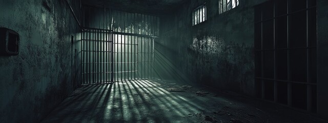 Empty prison cell. Steel prison bars. Abandoned jail entrance. Concrete floor Moody dark horror. Prison facility interior. 